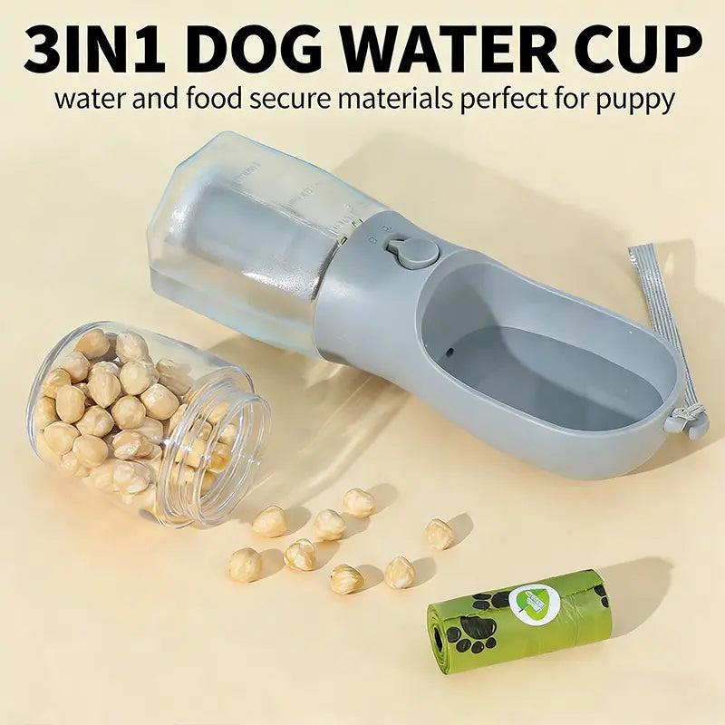 3-in-1 Portable Multifunctional Pet Water Bottle for Dogs with Dual Food and Water Storage, Waste Bag Dispenser, Rechargeable Flexible Shaft, Bat Dragon Plush Toy, Chirping Flapping Bird, Custom 3D Holographic Memorial Box, and Interactive Bungee