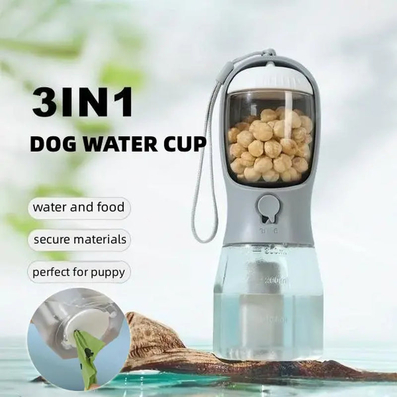 3-in-1 Portable Multifunctional Pet Water Bottle for Dogs with Dual Food and Water Storage, Waste Bag Dispenser, Rechargeable Flexible Shaft, Bat Dragon Plush Toy, Chirping Flapping Bird, Custom 3D Holographic Memorial Box, and Interactive Bungee